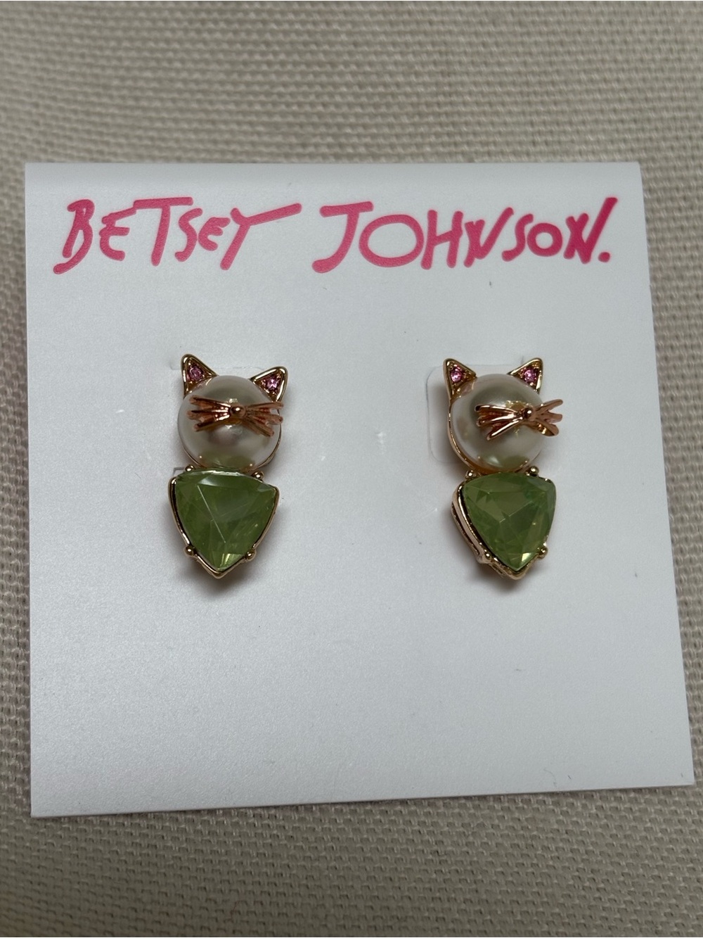 Betsey Johnson Gold-Tone Cat Studs with Green Stone and Pearl Tops